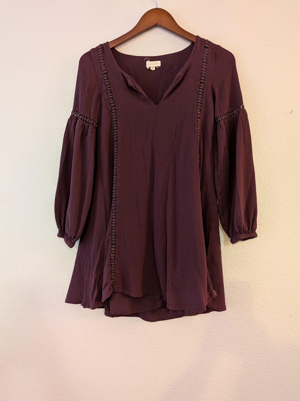 Black Swan Plum V-Neck Peasant Tunic Dress with Braided Trim